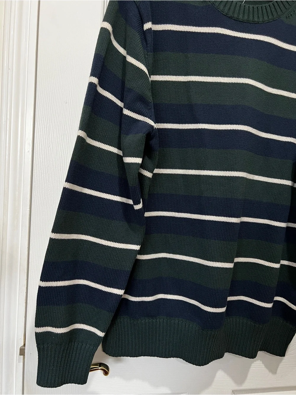 J.Crew Knit Heritage Crew Stripe Sweater Sz Large Cotton Green Navy Long Sleeve